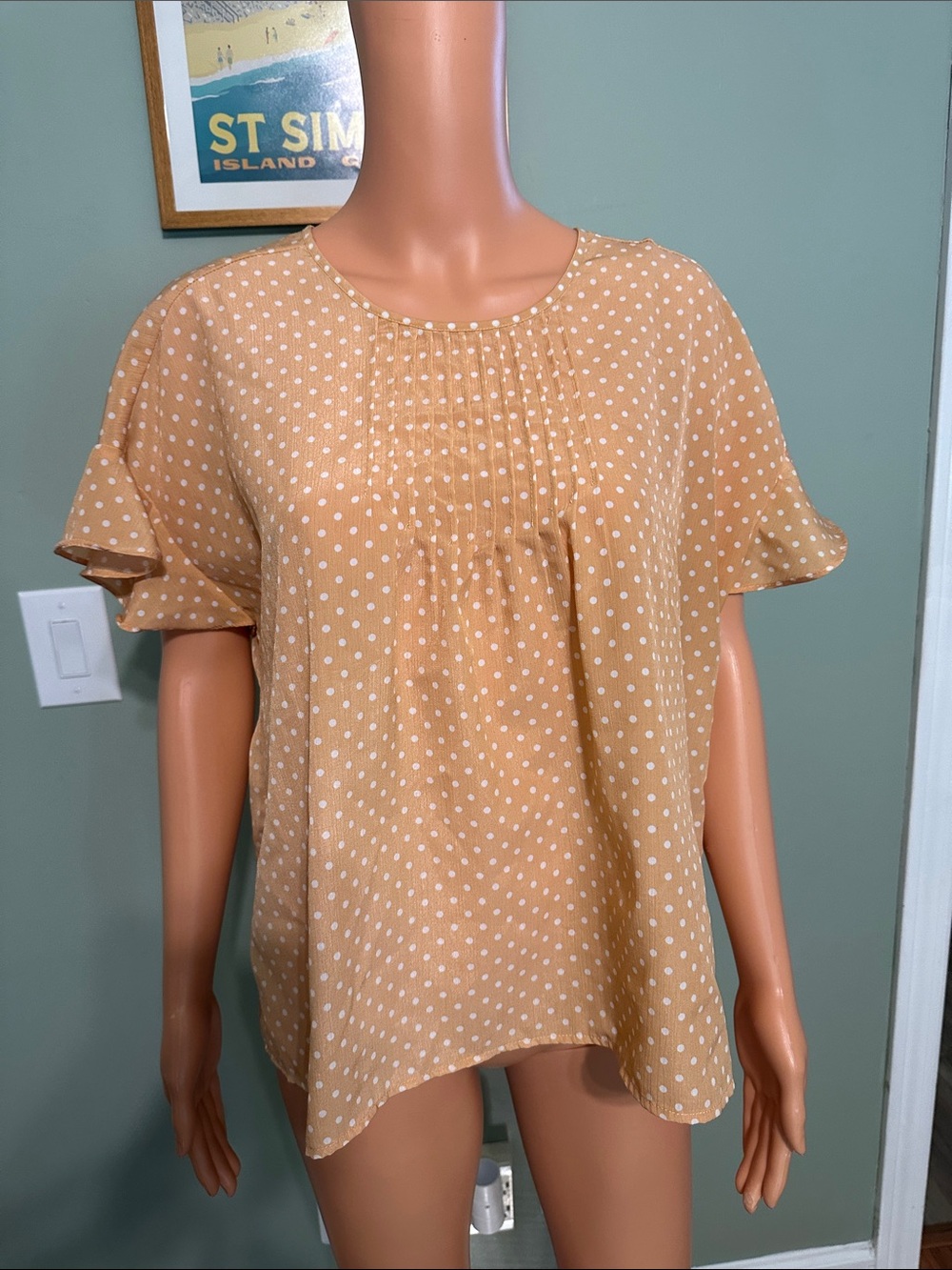 MELLODAY Mustard Polka Dot Pintuck Flutter Sleeve Top